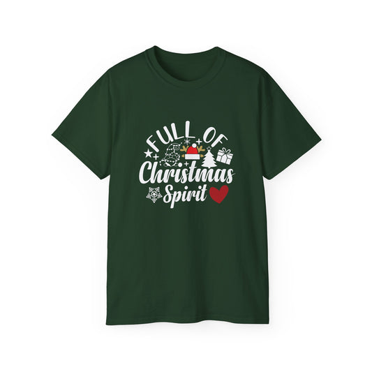 Christmas Tee – "Full of Christmas Spirit" Holiday Shirt with Santa Hat & Heart