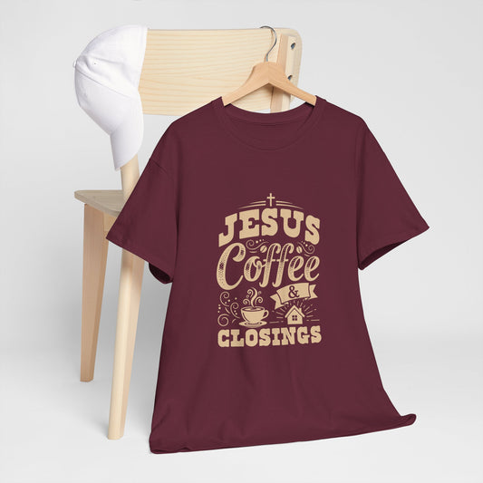 Jesus Coffee Closings Unisex Heavy Cotton Tee | Perfect for Faith, Coffee Lovers, Church Events, Casual Wear, Gifts Maroon