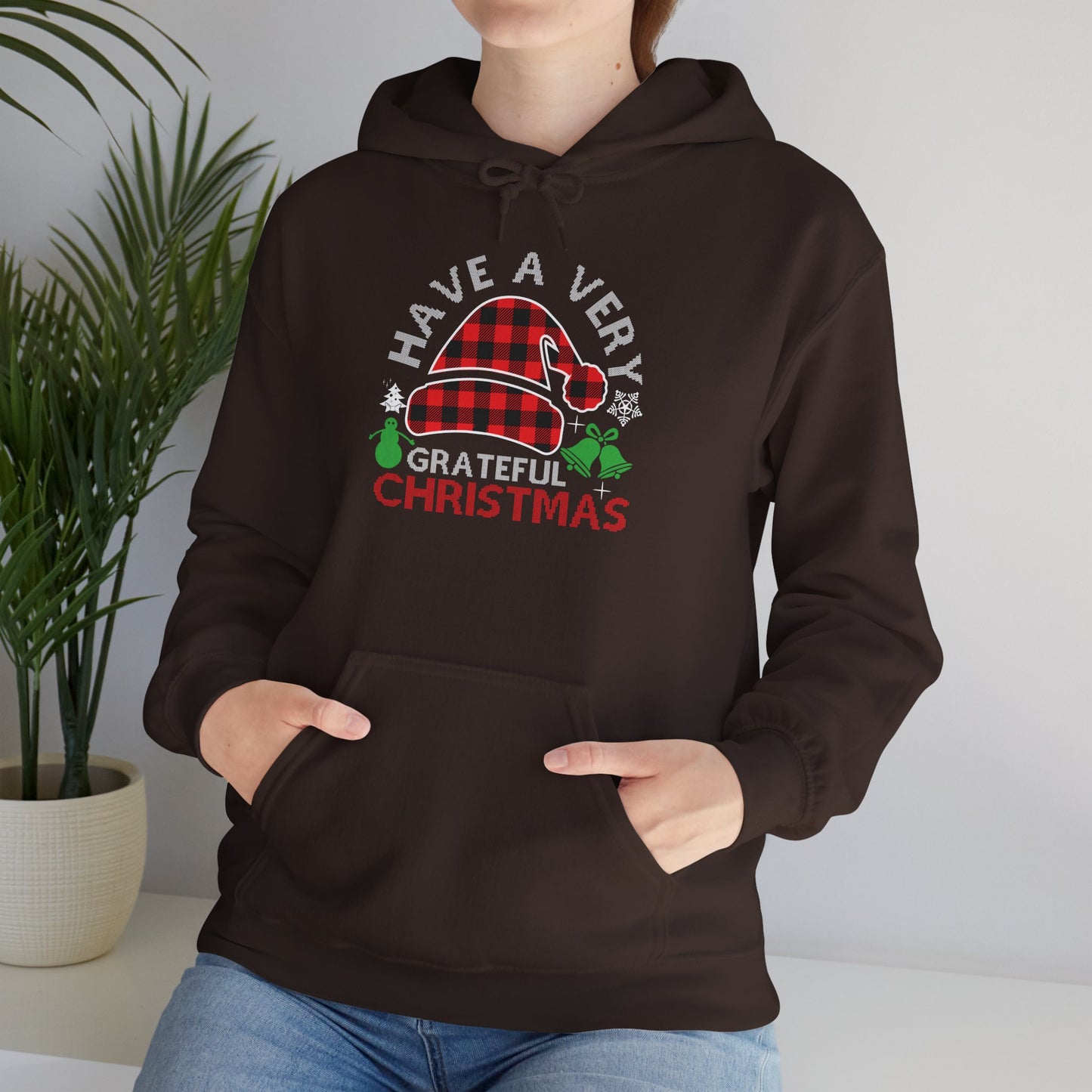 Grateful Christmas Hoodie — "Have a Very Grateful Christmas" Festive Plaid Santa Hat Hooded Sweatshirt