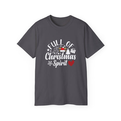 Christmas Tee – "Full of Christmas Spirit" Holiday Shirt with Santa Hat & Heart