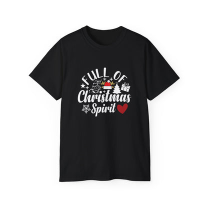 Christmas Tee – "Full of Christmas Spirit" Holiday Shirt with Santa Hat & Heart