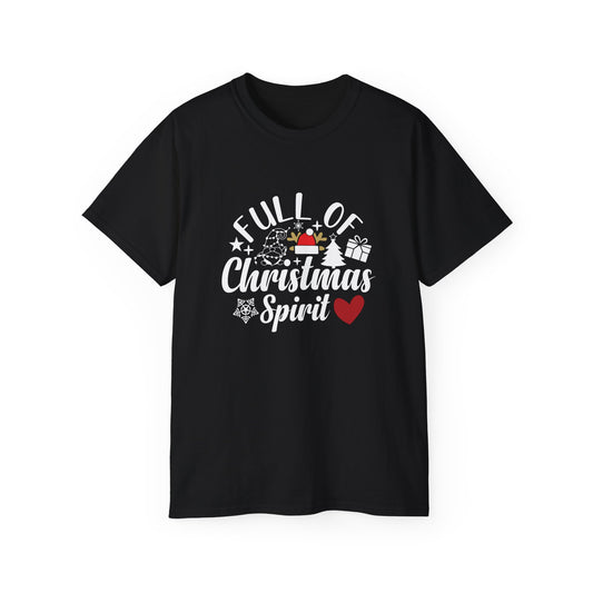 Christmas Tee – "Full of Christmas Spirit" Holiday Shirt with Santa Hat & Heart