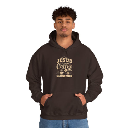 Jesus Coffee Closings Unisex Heavy Blend Hoodie, Cozy Gift for Believers, Fall & Winter Apparel, Faith-Inspired Sweatshirt Dark Chocolate