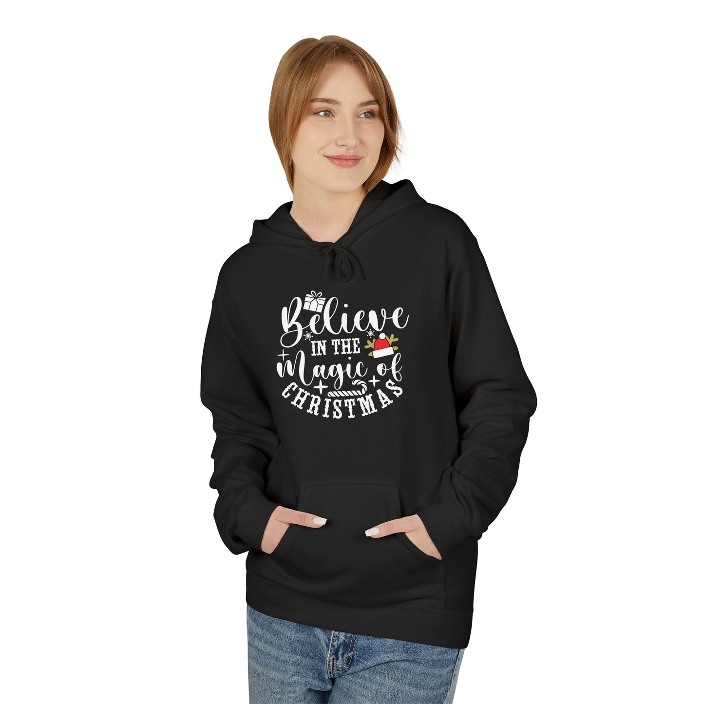 Christmas Hoodie - "Believe in the Magic of Christmas" Festive Santa Hat Holiday Sweatshirt