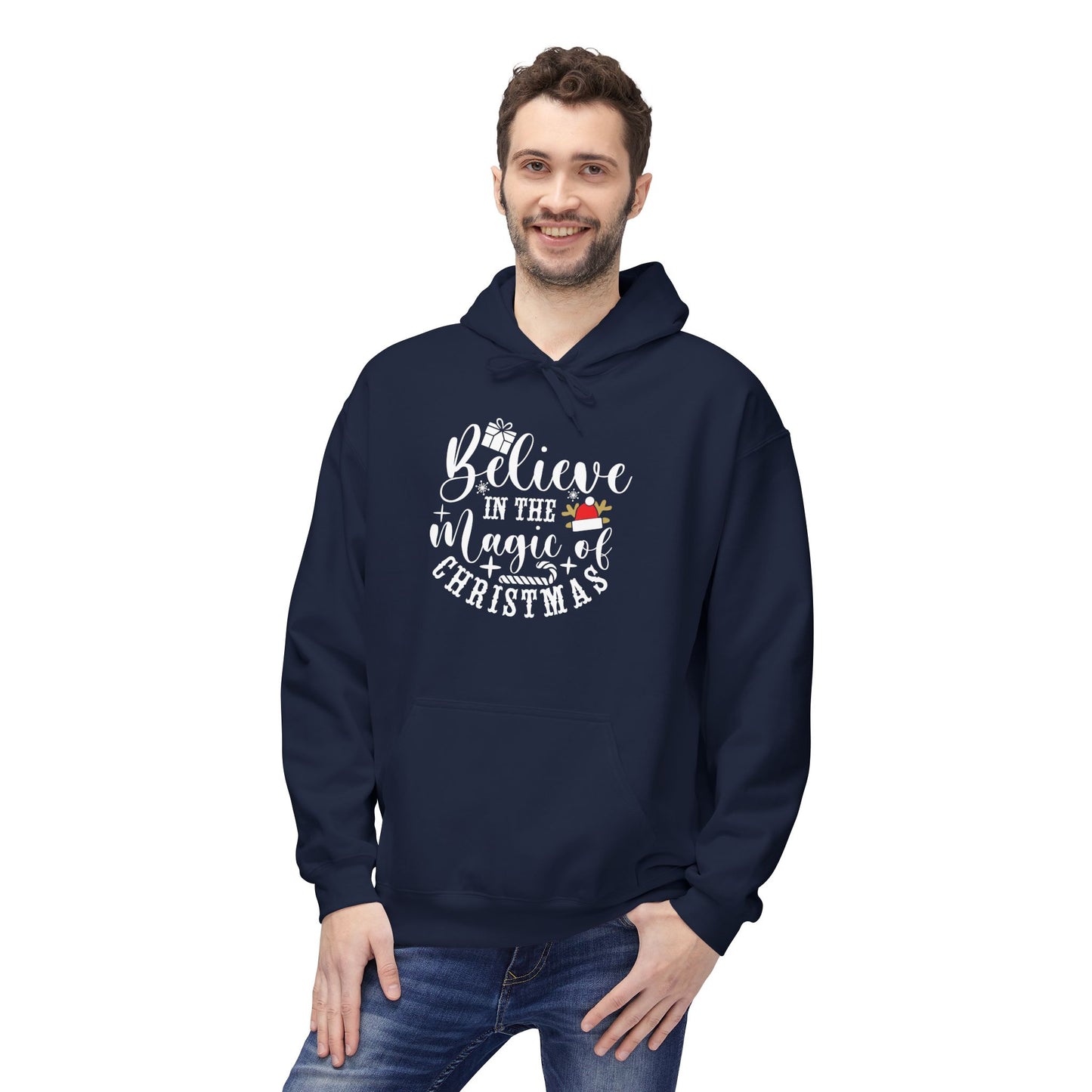 Christmas Hoodie - "Believe in the Magic of Christmas" Festive Santa Hat Holiday Sweatshirt