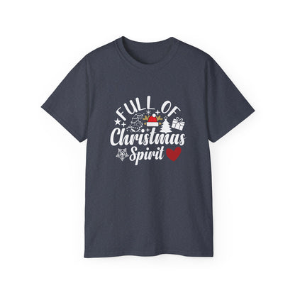 Christmas Tee – "Full of Christmas Spirit" Holiday Shirt with Santa Hat & Heart