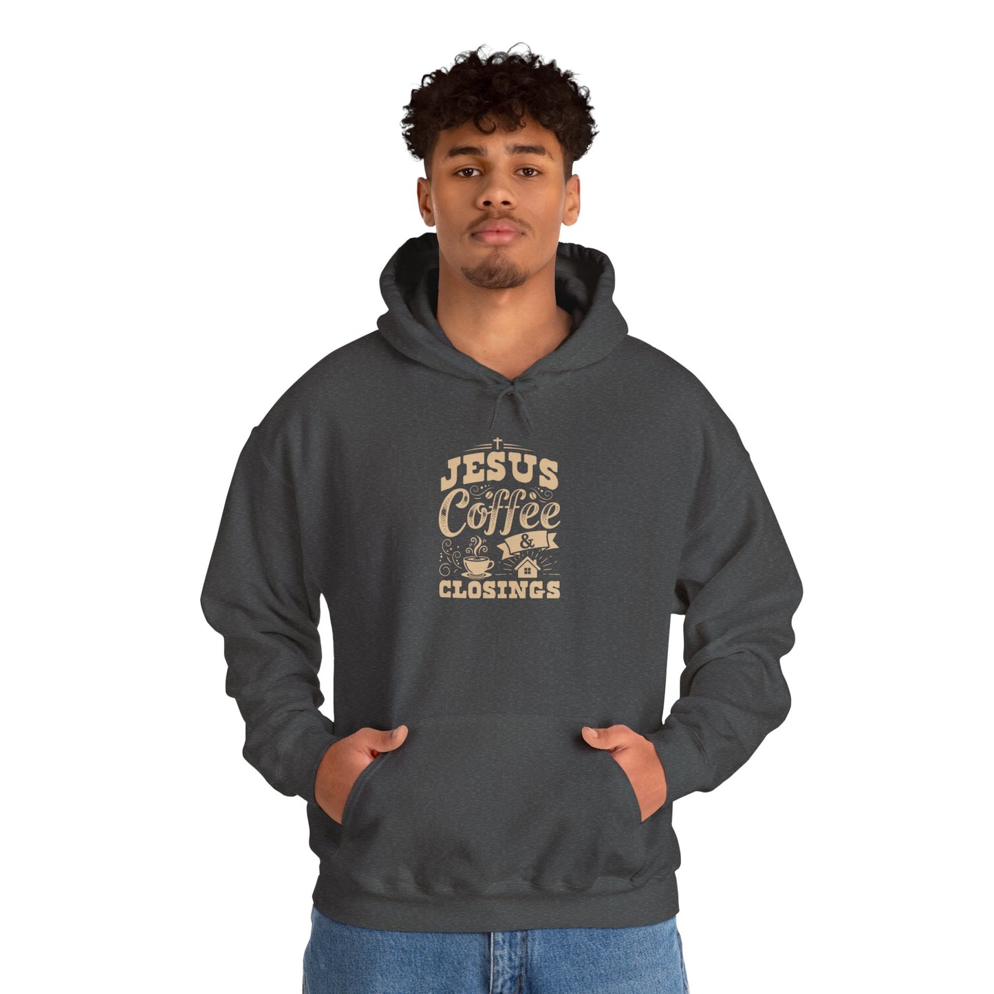Jesus Coffee Closings Unisex Heavy Blend Hoodie, Cozy Gift for Believers, Fall & Winter Apparel, Faith-Inspired Sweatshirt Dark Heather