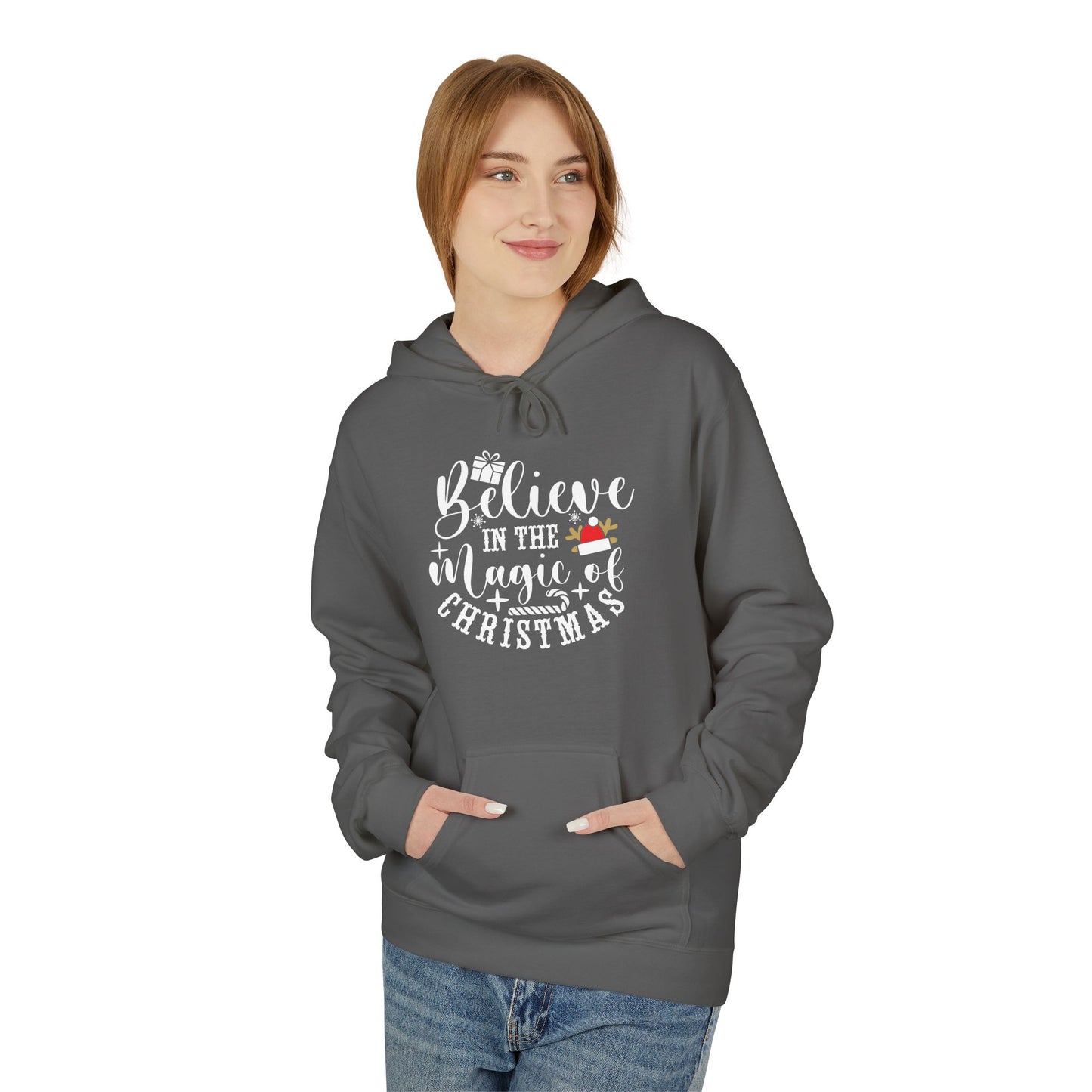 Christmas Hoodie - "Believe in the Magic of Christmas" Festive Santa Hat Holiday Sweatshirt