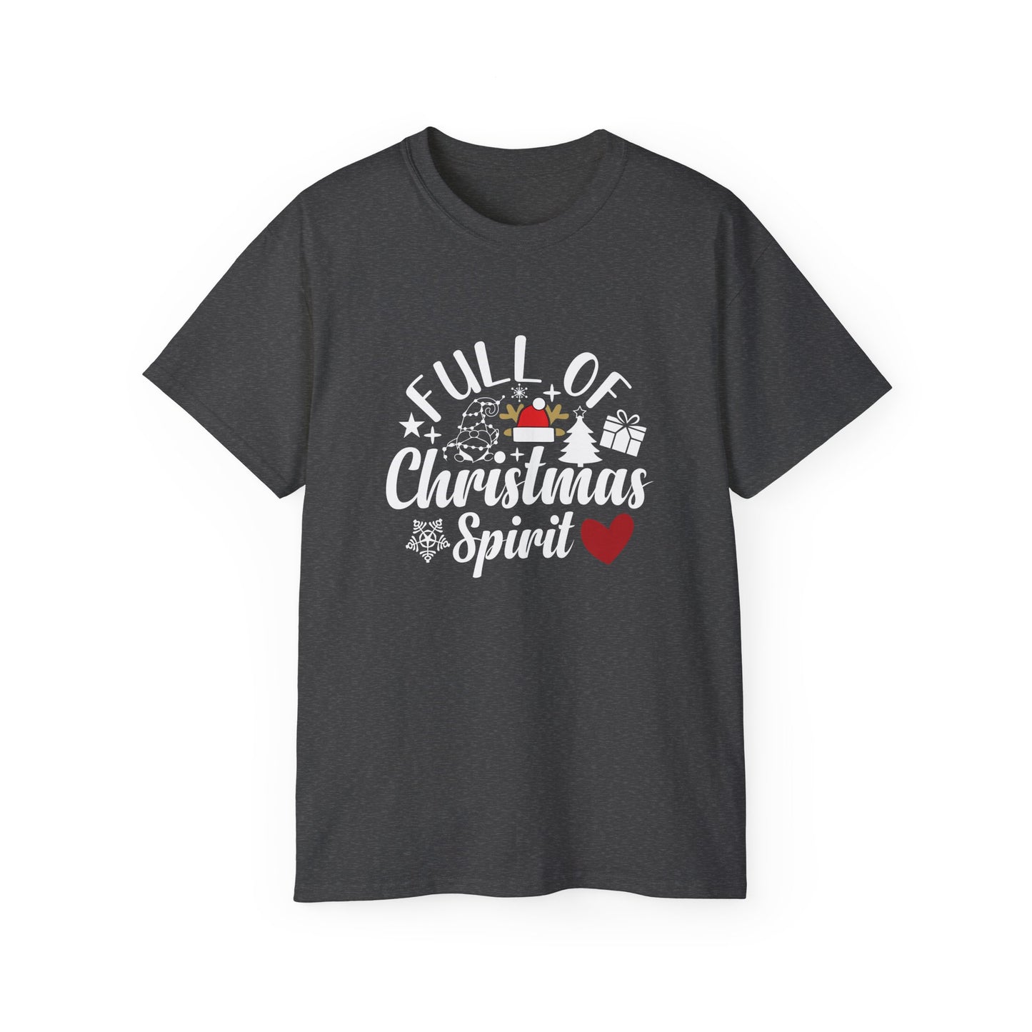 Christmas Tee – "Full of Christmas Spirit" Holiday Shirt with Santa Hat & Heart