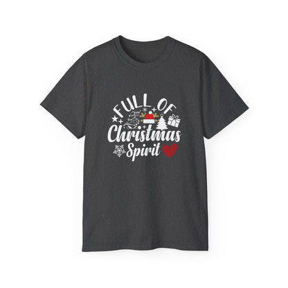 Christmas Tee – "Full of Christmas Spirit" Holiday Shirt with Santa Hat & Heart