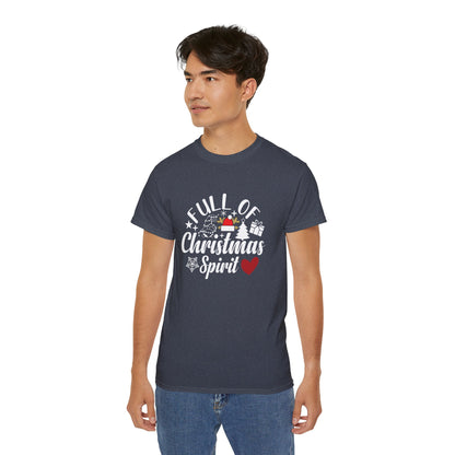 Christmas Tee – "Full of Christmas Spirit" Holiday Shirt with Santa Hat & Heart