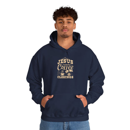 Jesus Coffee Closings Unisex Heavy Blend Hoodie, Cozy Gift for Believers, Fall & Winter Apparel, Faith-Inspired Sweatshirt Navy