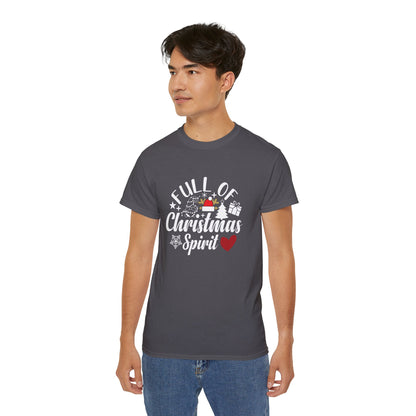 Christmas Tee – "Full of Christmas Spirit" Holiday Shirt with Santa Hat & Heart
