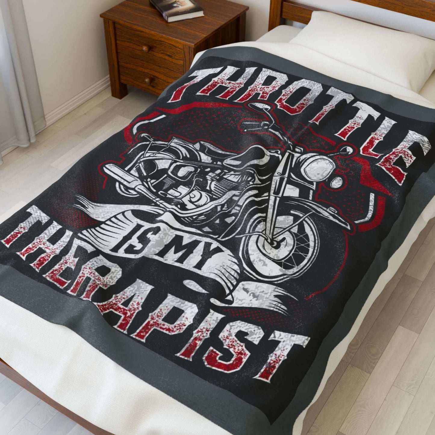 Motorcycle Lover's Velveteen Plush Blanket - "Throttle is My Therapist" Design