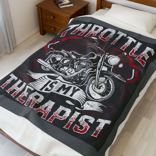 Motorcycle Lover's Velveteen Plush Blanket - "Throttle is My Therapist" Design