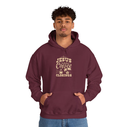 Jesus Coffee Closings Unisex Heavy Blend Hoodie, Cozy Gift for Believers, Fall & Winter Apparel, Faith-Inspired Sweatshirt Maroon