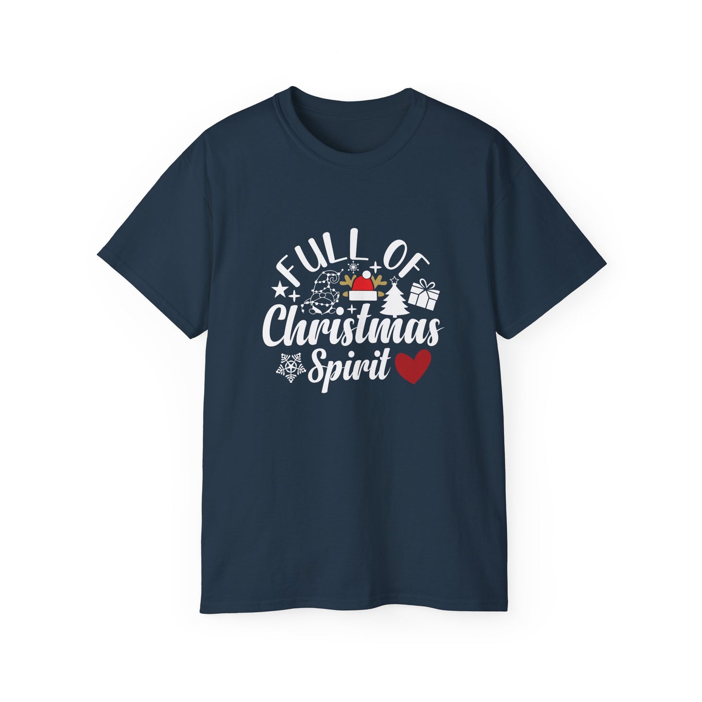 Christmas Tee – "Full of Christmas Spirit" Holiday Shirt with Santa Hat & Heart