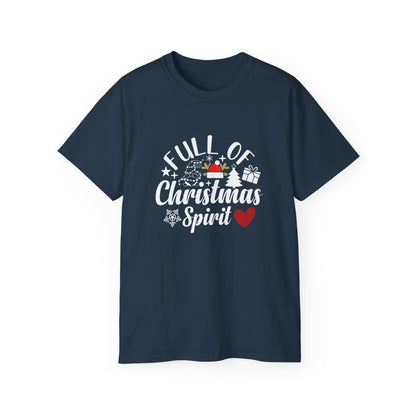 Christmas Tee – "Full of Christmas Spirit" Holiday Shirt with Santa Hat & Heart
