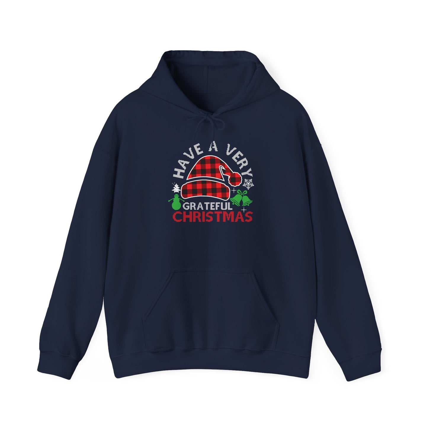 Grateful Christmas Hoodie — "Have a Very Grateful Christmas" Festive Plaid Santa Hat Hooded Sweatshirt