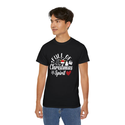 Christmas Tee – "Full of Christmas Spirit" Holiday Shirt with Santa Hat & Heart