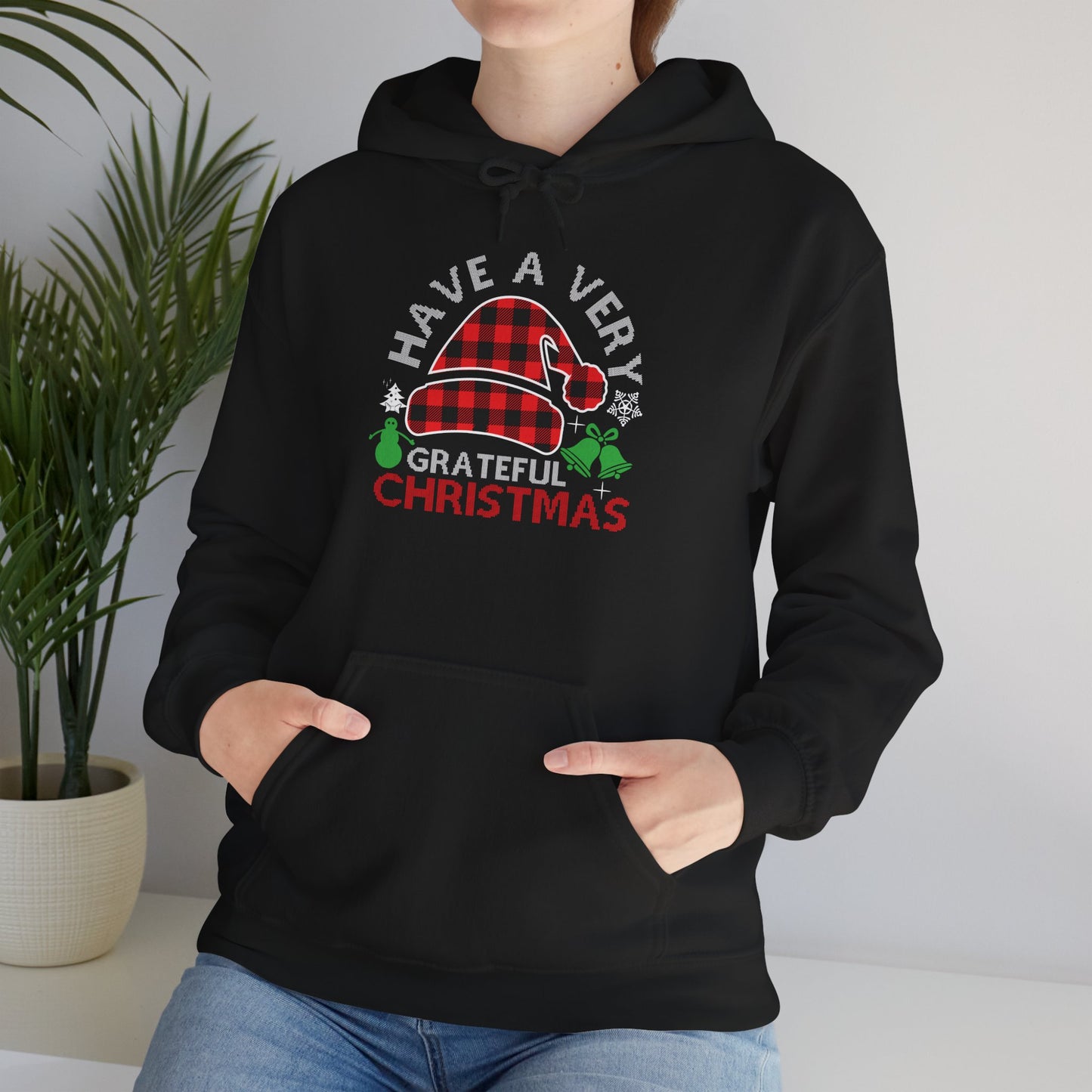 Grateful Christmas Hoodie — "Have a Very Grateful Christmas" Festive Plaid Santa Hat Hooded Sweatshirt