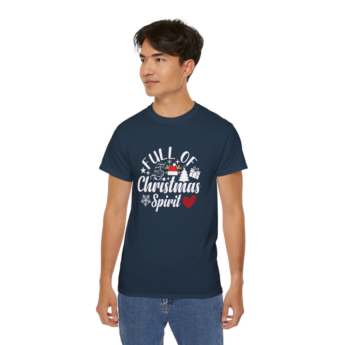 Christmas Tee – "Full of Christmas Spirit" Holiday Shirt with Santa Hat & Heart