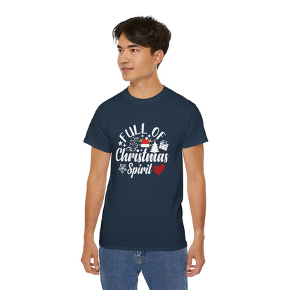 Christmas Tee – "Full of Christmas Spirit" Holiday Shirt with Santa Hat & Heart