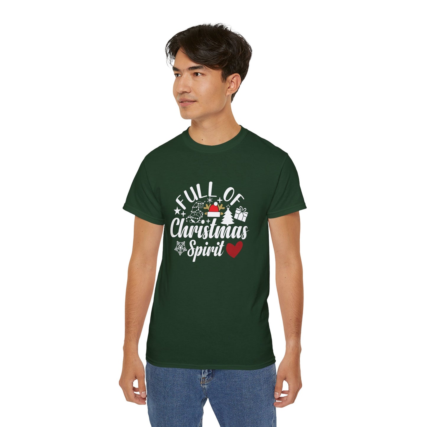 Christmas Tee – "Full of Christmas Spirit" Holiday Shirt with Santa Hat & Heart