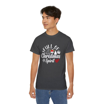Christmas Tee – "Full of Christmas Spirit" Holiday Shirt with Santa Hat & Heart